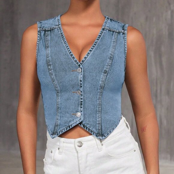 Tops - Blue Casual Women's Front Button V-Neck Solid Color Denim Vest Top
